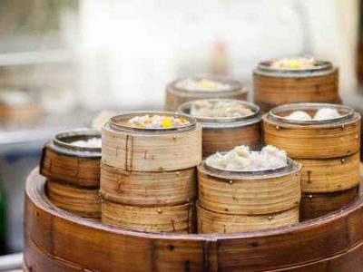 Dim sum steamers at a Chinese restaurant, Hong Kong